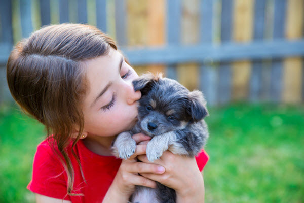 Young girl kissing small puppy outdoors in backyard.