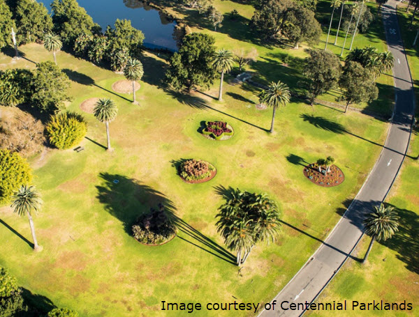 An aerial view of Centennial Parklands shows open grassy fields, palm trees, garden beds, and winding roads, with a caption crediting the image to Centennial Parklands.