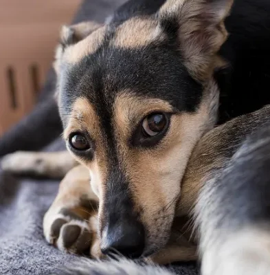 Dog with tan and black fur lying on a gray blanket, looking toward the camera with sad eyes.