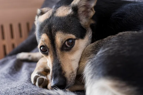 Dog with tan and black fur lying on a gray blanket, looking toward the camera with sad eyes.